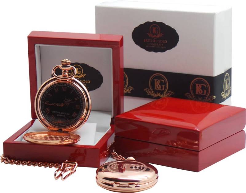 Benutzerdefinierte Monogrammierte 18K Rose Gold Plate Monogramm Taschenuhr in Luxus-Holz-Geschenkbox Mit Zertifikat von BritishGoldCompany