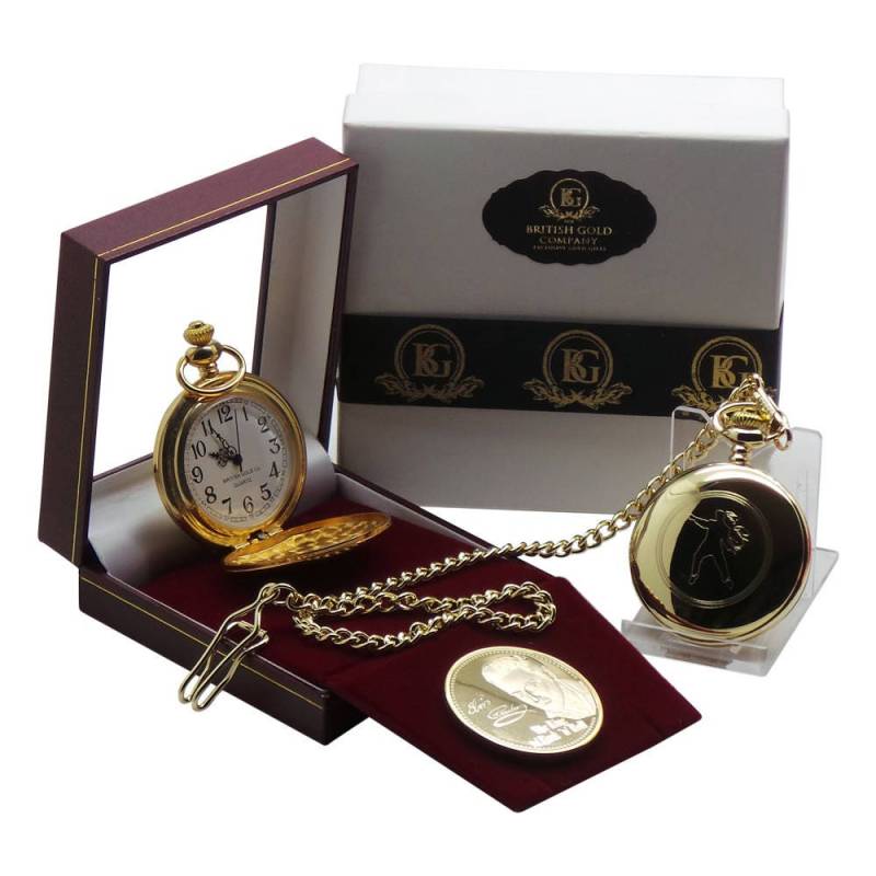 Elvis Presley Gold Personalisierte Taschenuhr Und Münze Geschenkset Signierte 24K Plattierte Kette Sammlermünze in Einem Luxus-Geschenketui von BritishGoldCompany