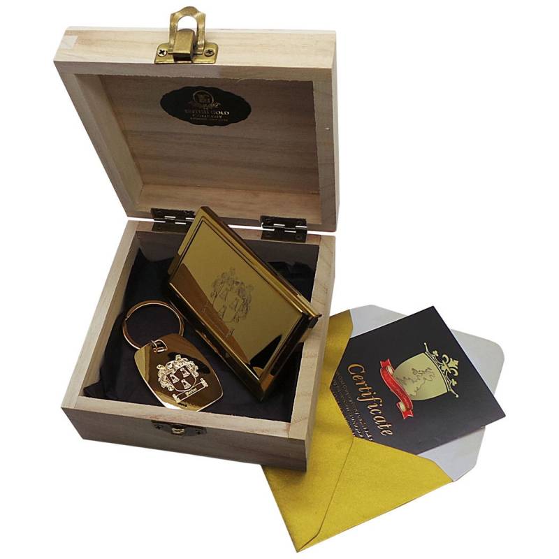 Familienname Wappen 24K Gold Plattiert Schlüsselbund Geschäft Kreditkartenetui Luxus Geschenkbox Zertifikat Individuell Graviert Nachname von BritishGoldCompany