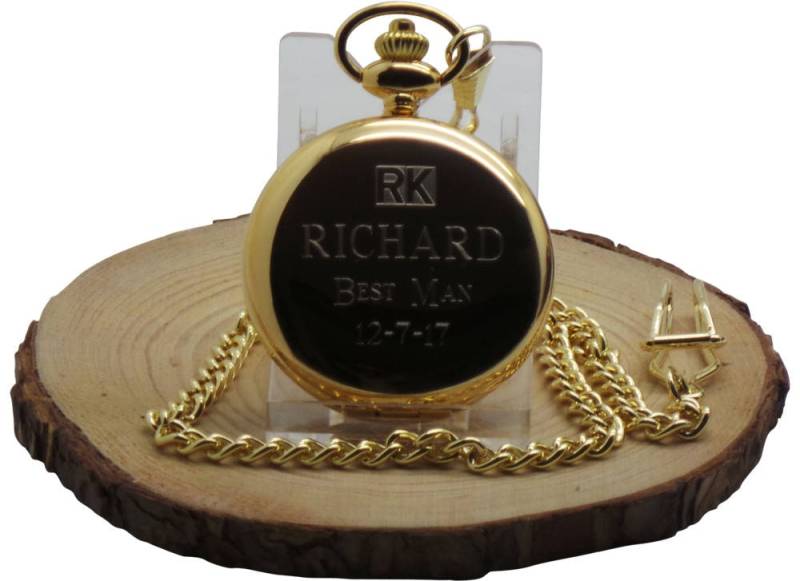 Gravierte Hochzeitsuhren 24K Vergoldete Taschenuhr Luxus Box Groomsmen Geschenke Benutzerdefinierte Gravur Vater Der Braut Trauzeuge Bräutigam Usher von BritishGoldCompany