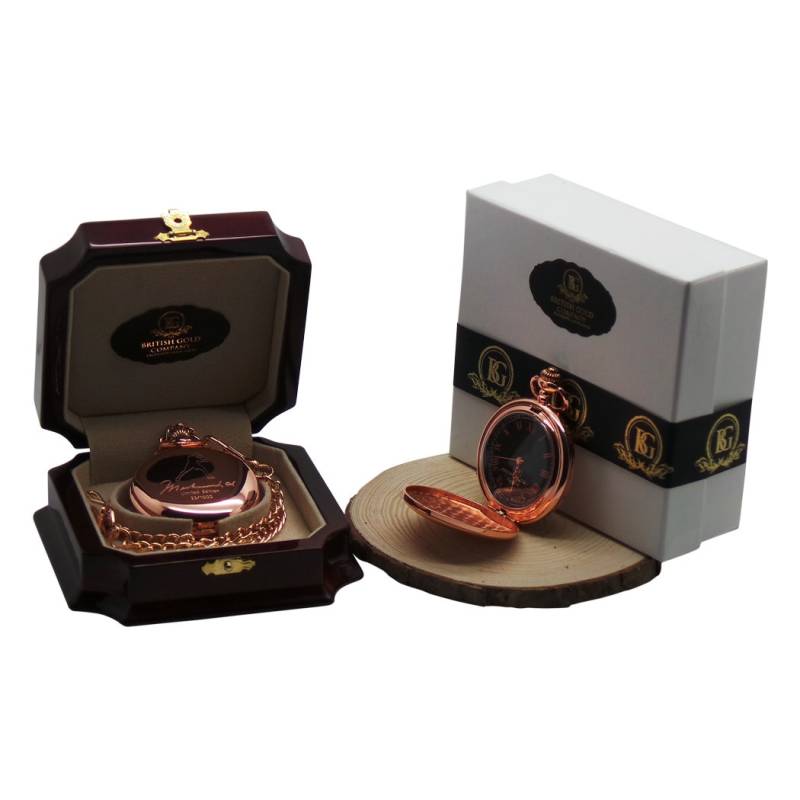 Mammut Ali 18K Roségold Plattierte Personalisierte Taschenuhr Und Kette in Einer Luxuriösen Geschenkbox Aus Holz Mit von BritishGoldCompany