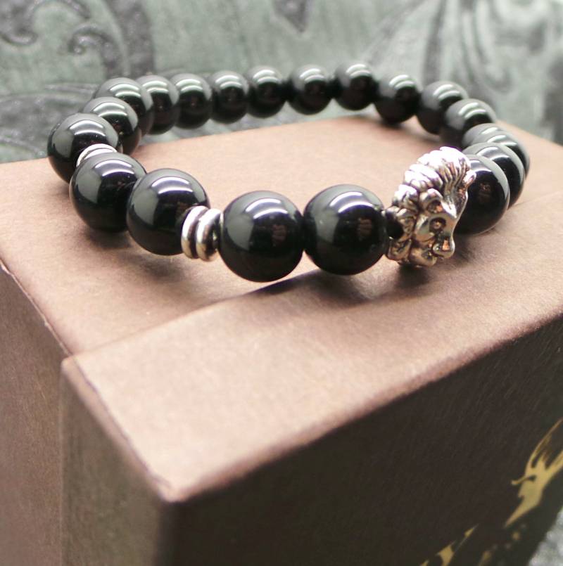 Perlenarmband Perlen Edelsteine Silber Löwenkopf Dekoration Nach Maß Unisex Damen Herren Größe Medium Erweiterbar Stretch Geschenkbox Löwen von BritishGoldCompany