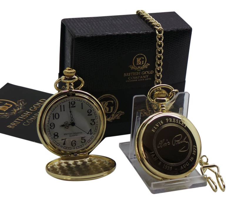 Signierte Elvis Presley Personalisierte Gold Taschenuhr Full Hunter 24K Clad Kette Luxus Geschenk Gehäuse Quarz Qualität Fan Erinnerungsstücke von BritishGoldCompany