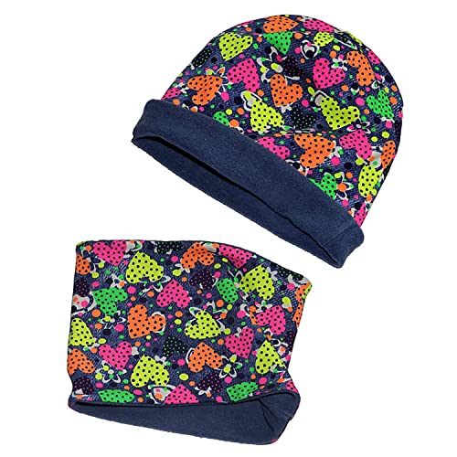 Britta Meier Kiddys Set aus Beanie und Kurz-loop-Schal aus meiner Nähwerkstatt (Blau-Neonherzen) von Britta Meier