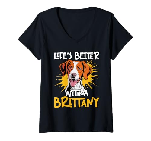 Damen Bretagne Hund T-Shirt mit V-Ausschnitt von Brittany Gifts for Men and Women