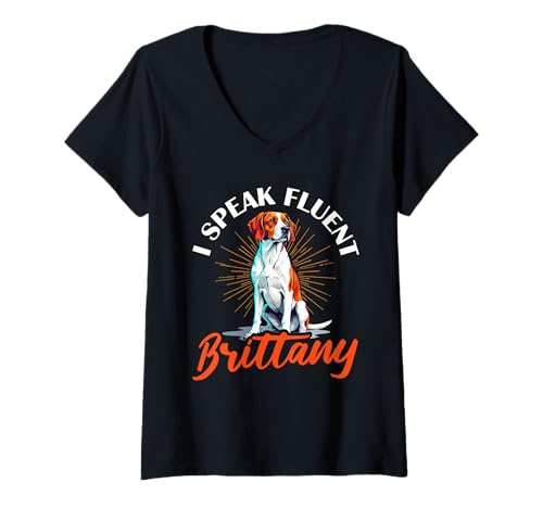 Damen Bretagne Hund T-Shirt mit V-Ausschnitt von Brittany Gifts for Men and Women