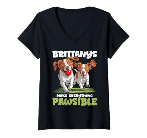 Damen Bretagne Hund T-Shirt mit V-Ausschnitt von Brittany Gifts for Men and Women