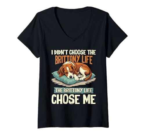 Damen Bretagne Hund T-Shirt mit V-Ausschnitt von Brittany Gifts for Men and Women