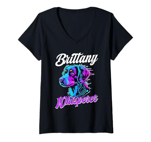 Damen Bretagne Hund T-Shirt mit V-Ausschnitt von Brittany Gifts for Men and Women