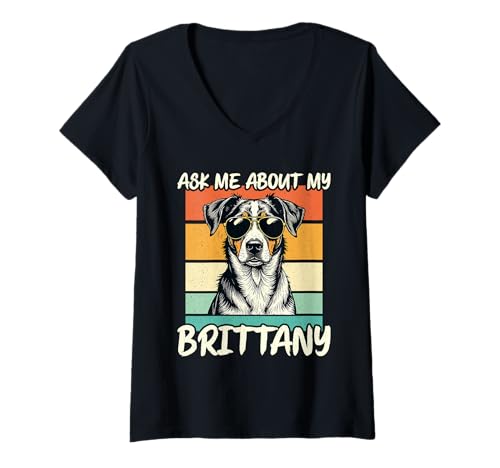 Damen Bretagne Hund T-Shirt mit V-Ausschnitt von Brittany Gifts for Men and Women
