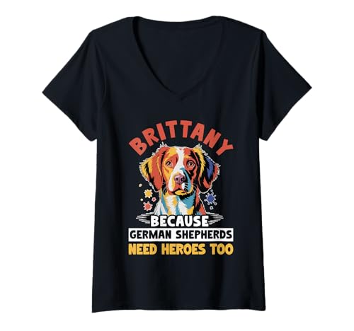 Damen Bretagne Hund T-Shirt mit V-Ausschnitt von Brittany Gifts for Men and Women