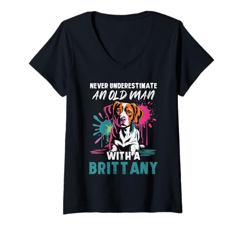 Damen Bretagne Hund T-Shirt mit V-Ausschnitt von Brittany Gifts for Men and Women