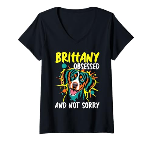 Damen Bretagne Hund T-Shirt mit V-Ausschnitt von Brittany Gifts for Men and Women