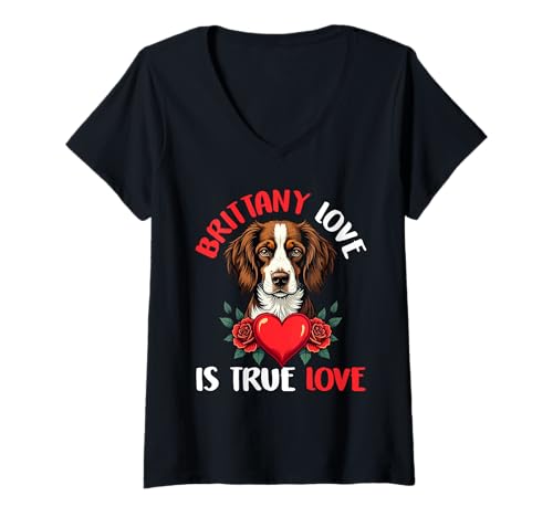 Damen Bretagne Hund T-Shirt mit V-Ausschnitt von Brittany Gifts for Men and Women