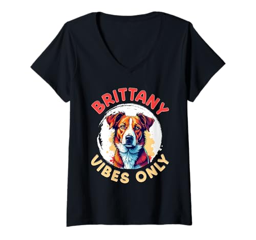 Damen Bretagne Hund T-Shirt mit V-Ausschnitt von Brittany Gifts for Men and Women