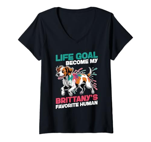 Damen Bretagne Hund T-Shirt mit V-Ausschnitt von Brittany Gifts for Men and Women