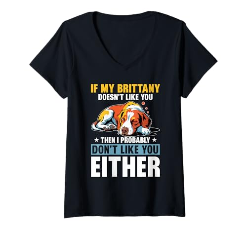 Damen Bretagne Hund T-Shirt mit V-Ausschnitt von Brittany Gifts for Men and Women