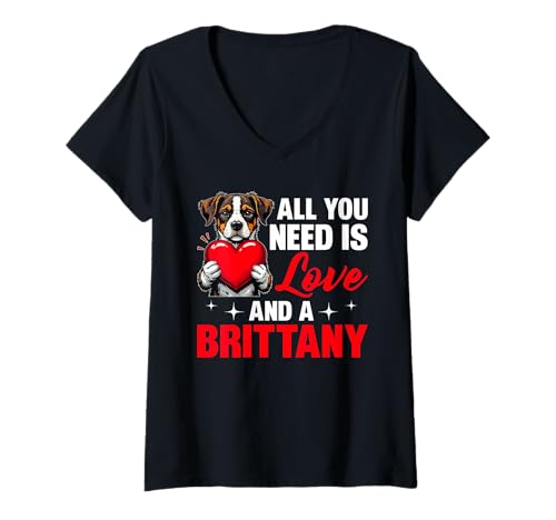Damen Bretagne Hund T-Shirt mit V-Ausschnitt von Brittany Gifts for Men and Women