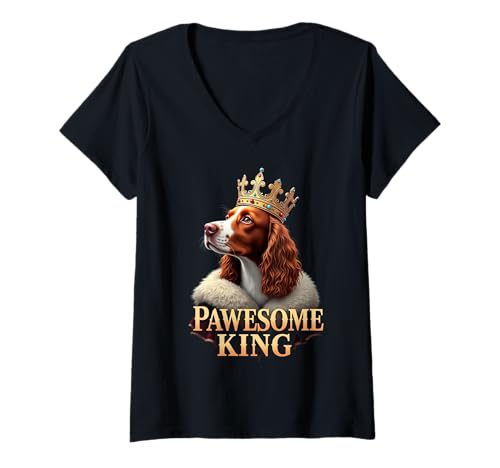 Damen Lustige Pawesome Bretagne Spaniel König Hund Kunst T-Shirt mit V-Ausschnitt von Brittany Spaniel Fun Designs