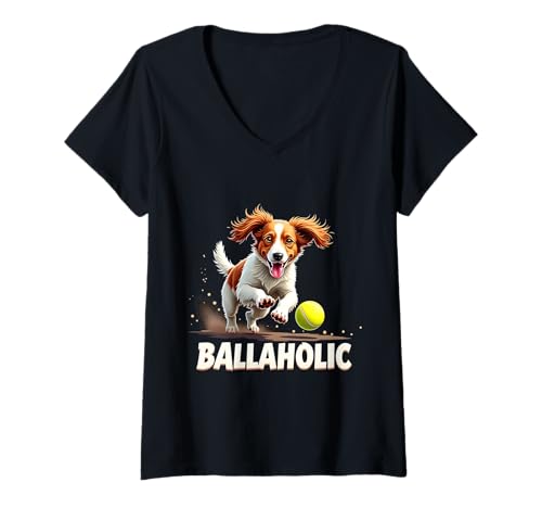 Damen Lustiger Ballaholic Bretagne Spaniel Hund Jagdball T-Shirt mit V-Ausschnitt Damen Lustiger Ballaholic Bretagne Spaniel Hund Jagdball T-Shirt mit V-Ausschnitt von Brittany Spaniel Fun Designs