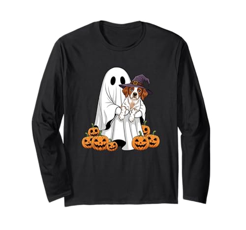 Ghost Brittany Spaniel Kürbis Halloween Kinder Herren Damen Langarmshirt von Brittany Spaniel Lovers Halloween Outfits Boy Girl
