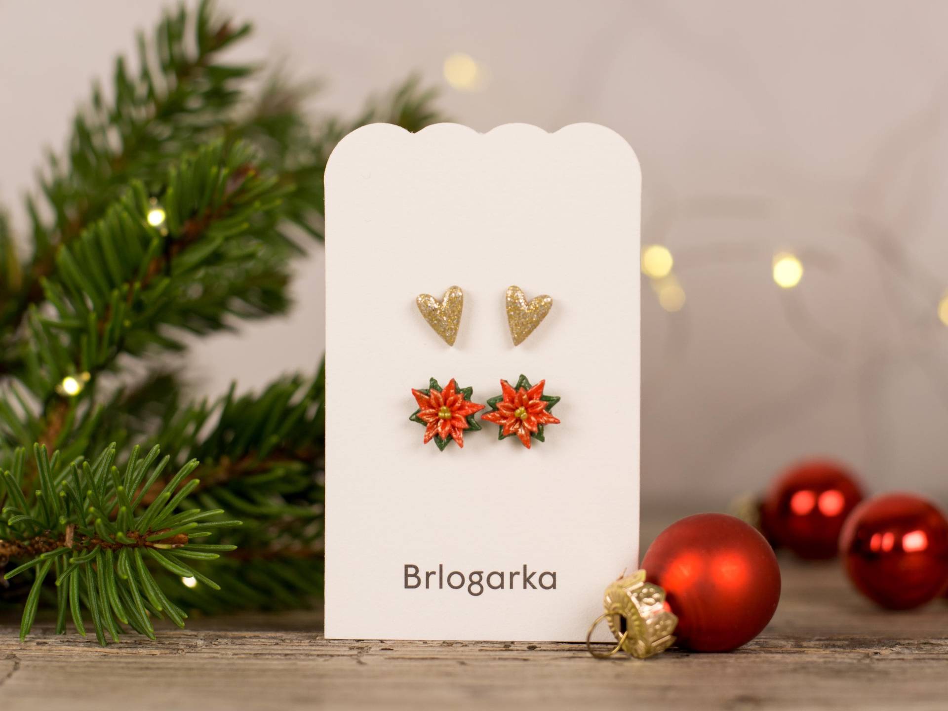 Weihnachtsstern & Glitzernde Gold Herz Ohrringe Set - Handgemachter Schmuck Aus Polymer Clay/Festliches Weihnachtsgeschenk Weihnachtsstern & Glitzernde Gold Herz Ohrringe Set - Handgemachter Schmuck Aus Polymer Clay/Festliches Weihnachtsgeschenk von Brlogarka