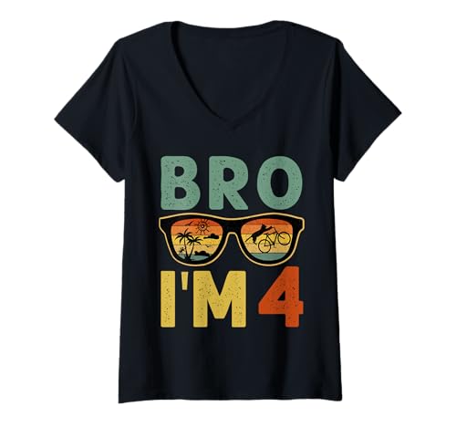 Damen 4th Birthday Boy Bro I'm 4 Year Old Kids Four Bday T-Shirt mit V-Ausschnitt von Bro I’m 4 Years Old Birthday Party Kids Boys Tee