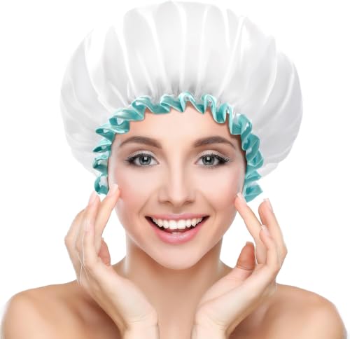 White Shower Cap for Women, Waterproof Reusable Hair Caps for Ladies and Girls, Medium Double-layered Washable Bath Caps for Thick Hair 2 Packs (Pink Edge) von BroLuka