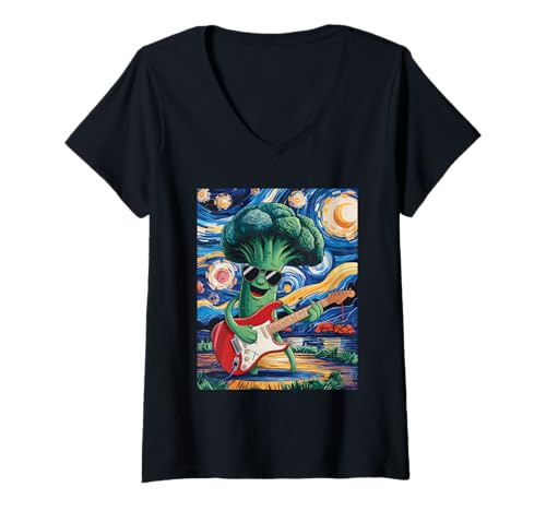 Damen Sternennacht Brokkoli T-Shirt mit V-Ausschnitt von Broccoli Guitar