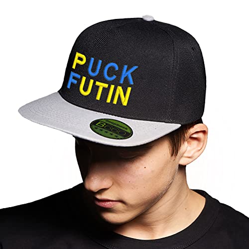 BroiderStudio Fuck Putin Puck Futin Stand with Ukraine Schwarz/Grau Hut Flacher Gipfel Verstellbar Snapback Unisex Original Bestickte Urban Logo Mütze von BroiderStudio