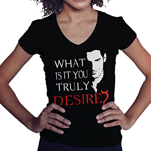 What is It You Truly Desire Lucifer Morningstar Damen V-Ausschnitt Schwarz T-Shirt Size L von BroiderStudio
