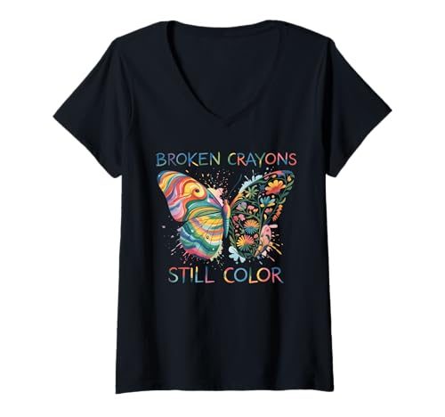 Damen Broken Crayons Still Color Regenbogen-Schmetterling, motivierend T-Shirt mit V-Ausschnitt von Broken Crayons Still Color Positive Quote Tee