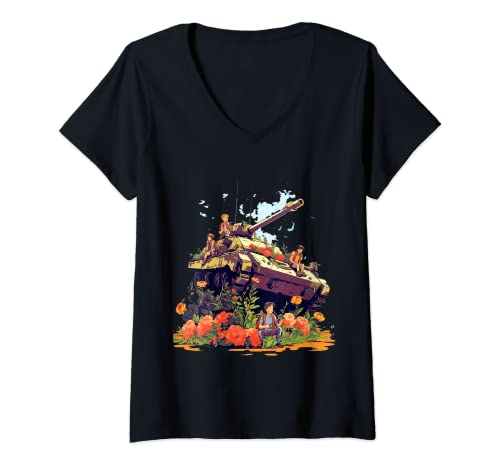 Damen Kaputter Panzer voller Blumen Frieden statt Krieg Stoppt den Krieg T-Shirt mit V-Ausschnitt von Broken Tank Stop War Tees