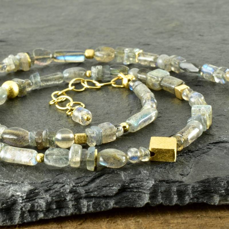 Labradoritkette M. Vergoldetem 925Er Silber Edelsteinkette Serie "Wild" Zart Dezent Halskette Labradorit Geheimnisvoll Geschenk Hochzeitstag von Brombeergruen