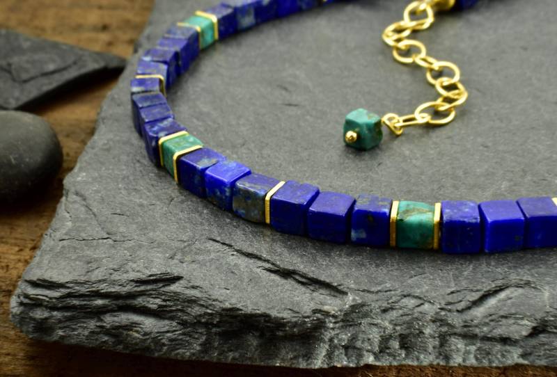 Lapislazuli-Kette Mit Türkis Und Vergoldetem 925Er Silber Lapis Lazuli Würfel Eckig Halskette Dunkelblau Brautschmuck Geschenk von Brombeergruen