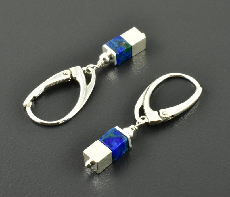 Würfel-Ohrringe Mit Azurit-Malachit Und 925Er Silber Dunkelblau Grün Ohrhänger Hängeohrringe Würfel Sterling Zierlich Zart Geschenk von Brombeergruen