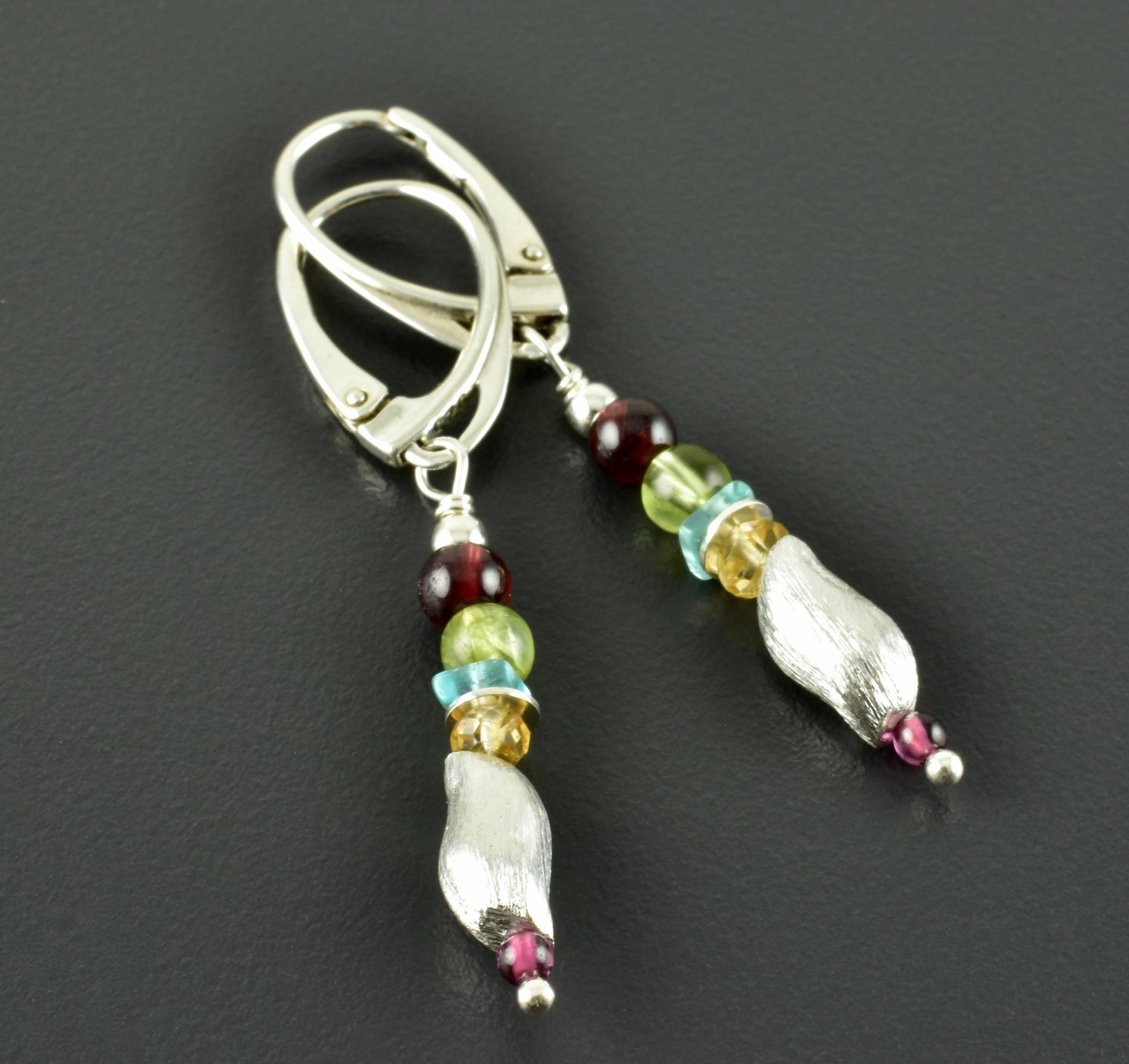 Zauberhafte Silber-Ohrringe Mit Bunten Edelsteinen, Granat, Peridot, Apatit, Citrin, Hängeohrringe Geschlossener Brisur, Geschenk von Brombeergruen