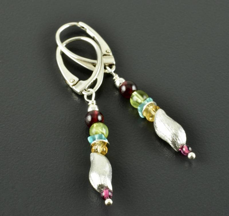 Zauberhafte Silber-Ohrringe Mit Bunten Edelsteinen, Granat, Peridot, Apatit, Citrin, Hängeohrringe Geschlossener Brisur, Geschenk von Brombeergruen