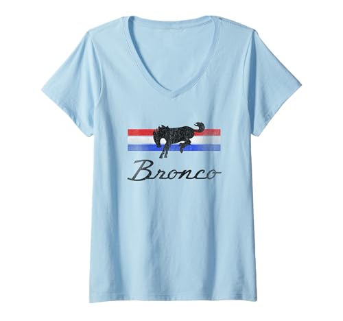 Damen Ford Bronco Logo Stripes T-Shirt mit V-Ausschnitt von Bronco