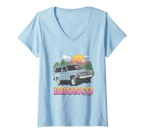 Damen Ford Bronco in The Mountains T-Shirt mit V-Ausschnitt Damen Ford Bronco in The Mountains T-Shirt mit V-Ausschnitt von Bronco
