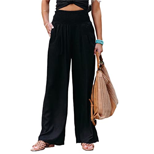 Brong Damen Leinenhose Elastische Hohe Taille Bequeme Strandhose mit Taschen, Schwarz , XXXX-Large von Brong