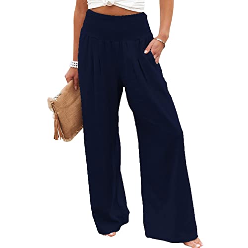 Brong Damen Leinenhose Elastische Hohe Taille Bequeme Strandhose mit Taschen, navy, XXL von Brong