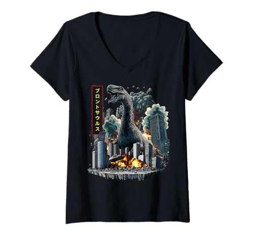 Damen Lustiger Brontosaurus Dinosaurier Kaiju Monster Japanisch T-Shirt mit V-Ausschnitt Damen Lustiger Brontosaurus Dinosaurier Kaiju Monster Japanisch T-Shirt mit V-Ausschnitt von Brontosaurus Dinosaur Kaiju Monster Clothing