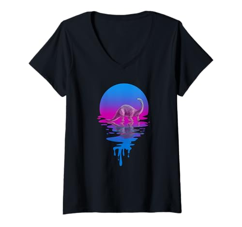 Damen Vintage Retro Sonnenuntergang Brontosaurus T-Shirt mit V-Ausschnitt Damen Vintage Retro Sonnenuntergang Brontosaurus T-Shirt mit V-Ausschnitt von Brontosaurus Vintage Tees