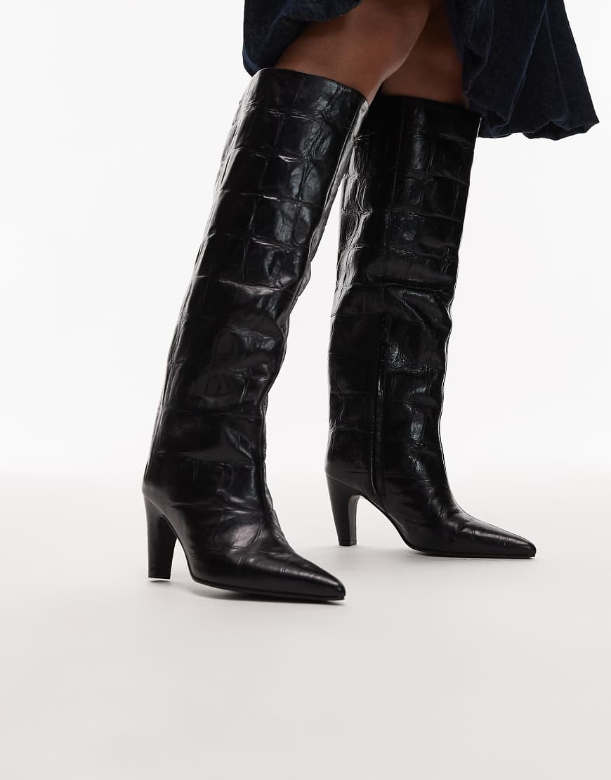 Bronx - Kniehohe Stiefel aus Leder in Kroko-Schwarz-Marineblau von Bronx