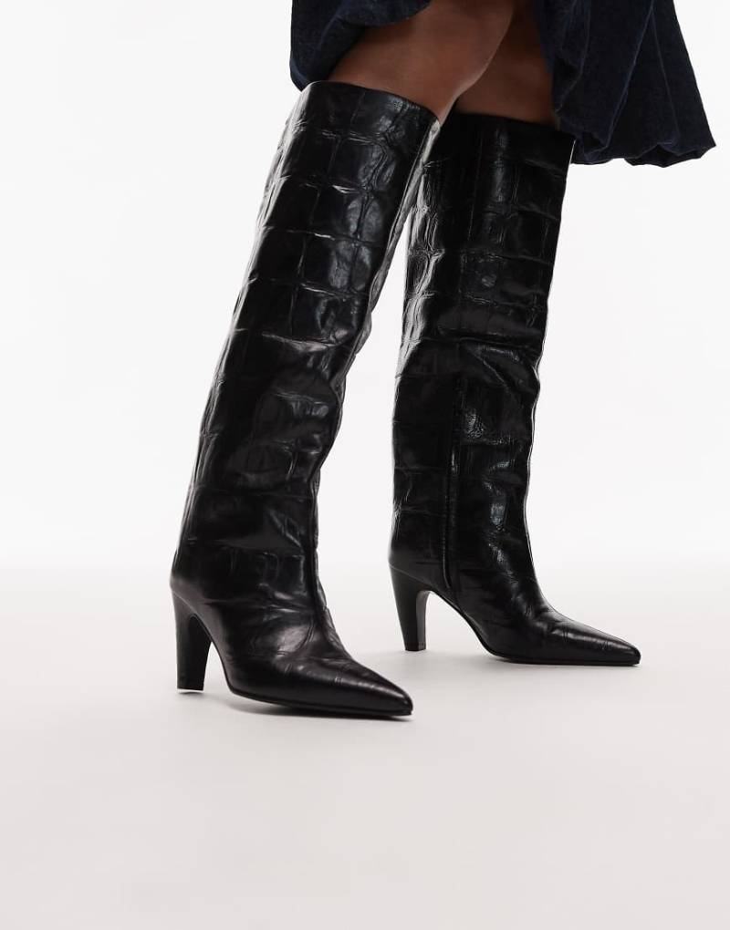 Bronx - Kniehohe Stiefel aus Leder in Kroko-Schwarz-Marineblau von Bronx