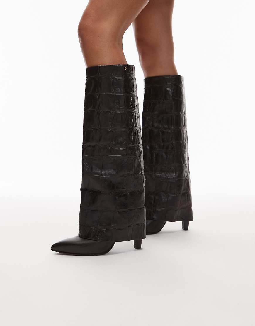 Bronx - Kniehohe Umschlag-Stiefel in Kroko-Braun von Bronx