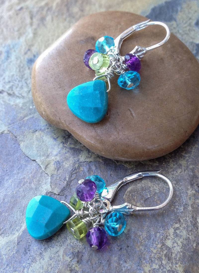 Türkis-Ohrringe Mit Amethyst, Peridot, Apatit, Sterling Silber. Edelsteinohrringe, Handgefertigt Türkis-Ohrringe Mit Amethyst, Peridot, Apatit, Sterling Silber. Edelsteinohrringe, Handgefertigt von BronzeLeafStudio