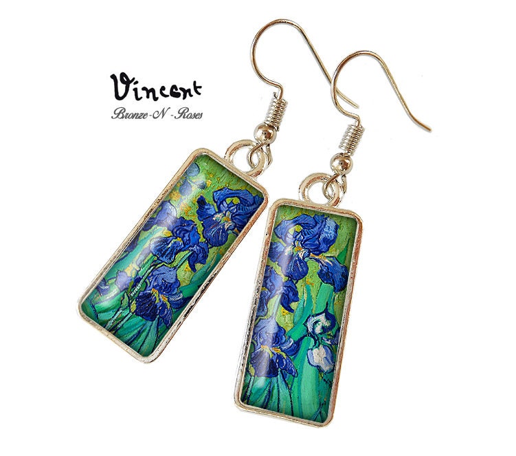 Ohrringe Vincent Van Gogh Das Iris-Cabochon-Juwelengemälde von BronzeNroses
