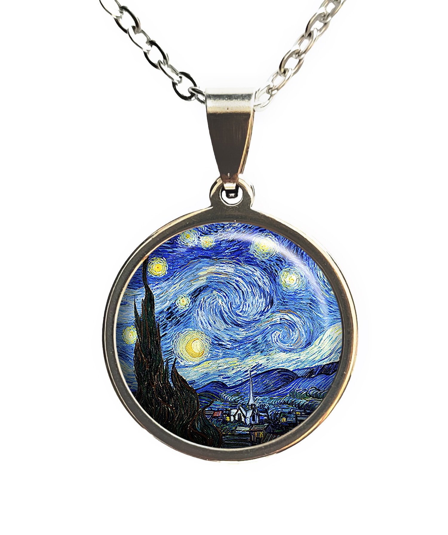sternennacht Halskette Vincent Van Gogh Glas Cabochon Weihnachtsgeschenk Mitternachtsblau von BronzeNroses